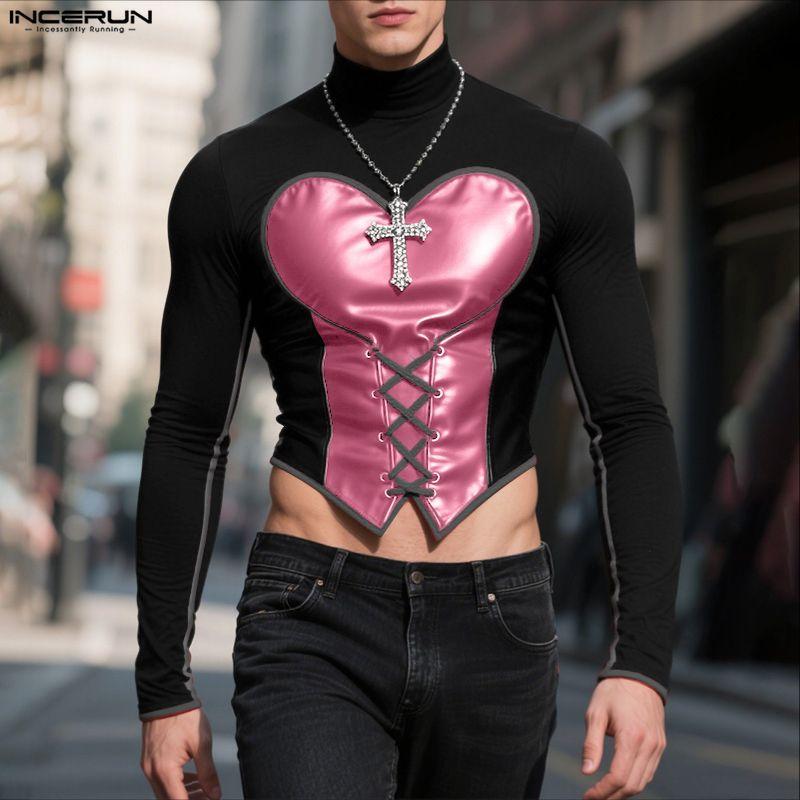 INCERUN Мужские топы и футболки с высоким воротником, длинным рукавом, бандажным дизайном, ПУ-вставками, в стиле кэжуал, укороченные