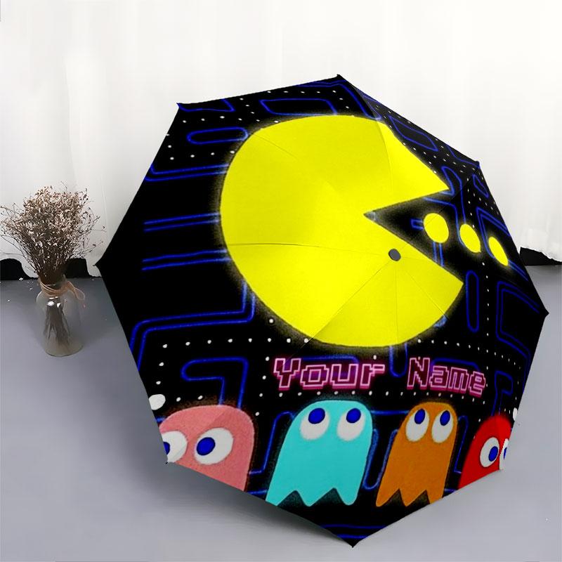 1 шт. Автоматический складной зонт - Узор Pac-Man с индивидуальным именем, Портативная и складная конструкция с 8 спицами, Рождественские и Дни рождения Подарки