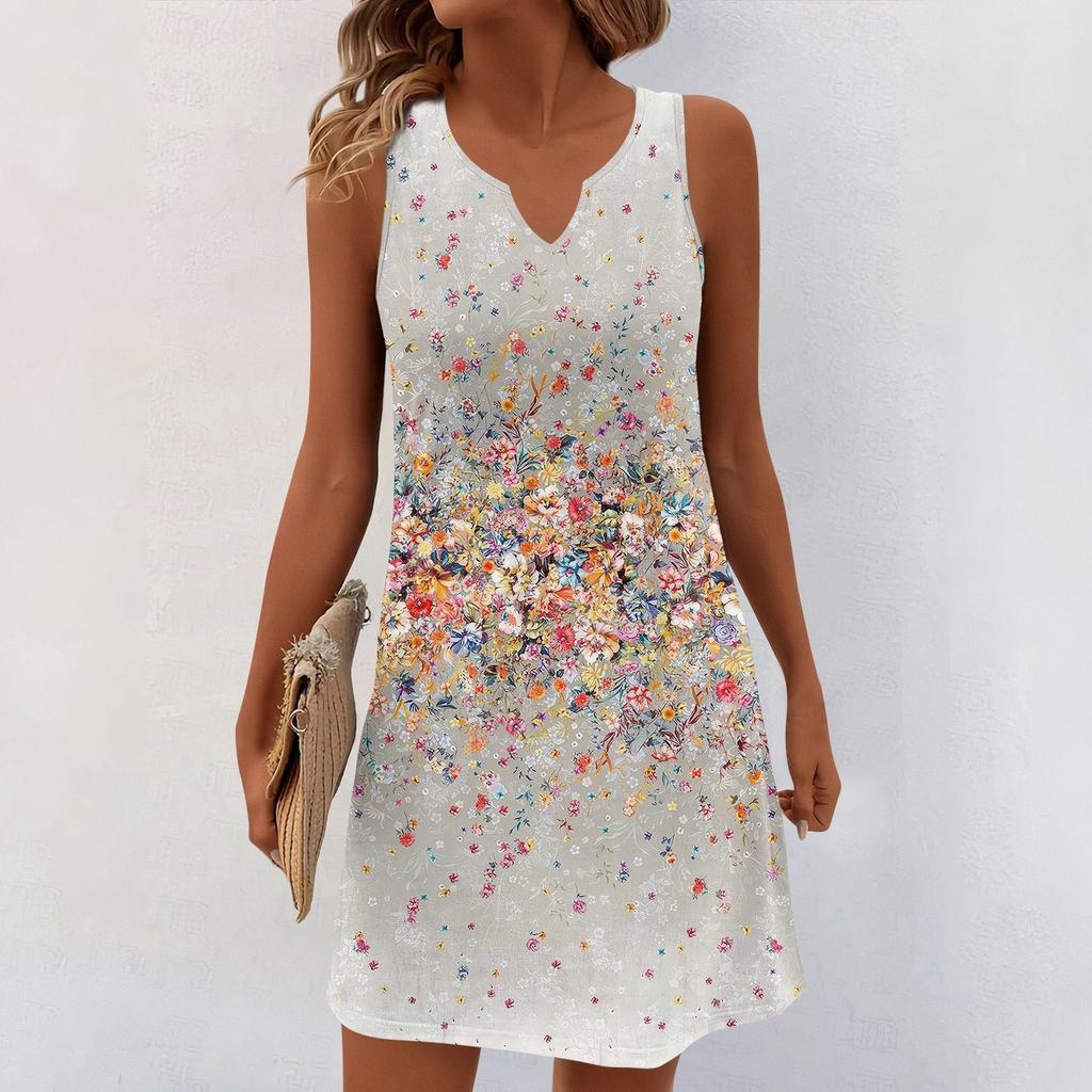 Женские летние платья с V-образным вырезом и принтом без рукавов Сарафан Повседневное платье