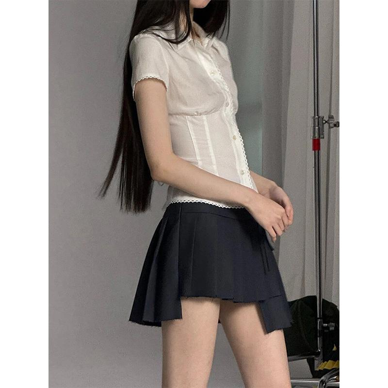 Y2K белые рубашки женские Harajuku Jk кружевные блузки с короткими рукавами летние консервативные кавайные корейские модные базовые тонкие шикарные топы новые