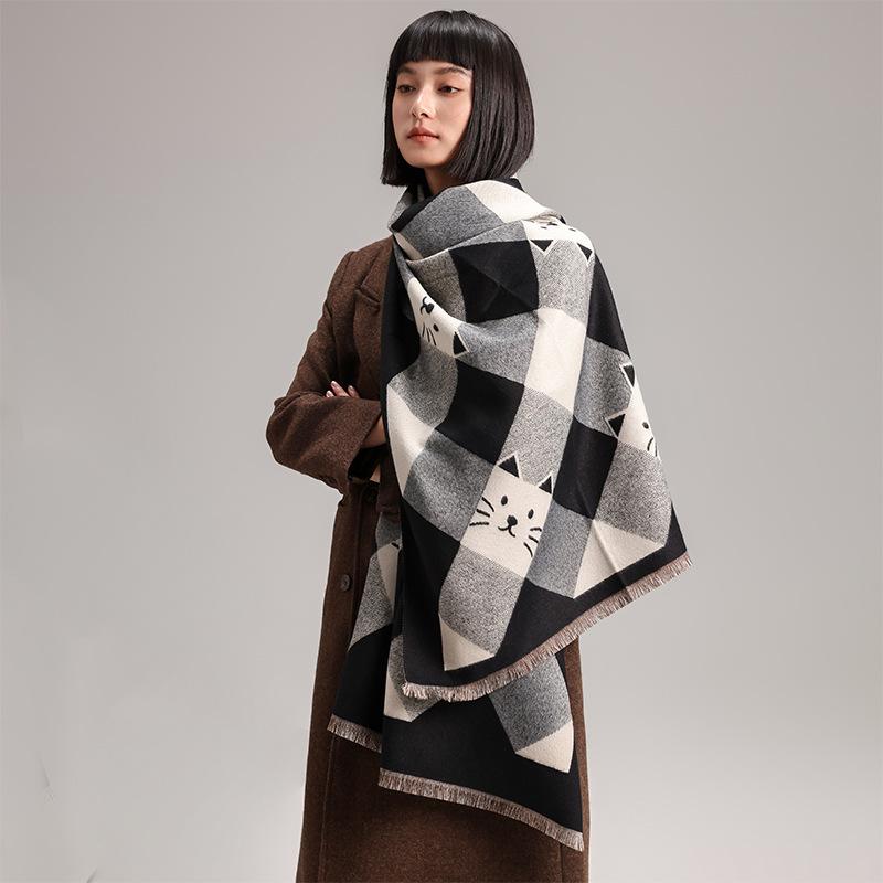 Geometric Square Slash Kitten Decorative Animal Sweet And Cute Xiaoqing Fresh Wind Autumn And Winter Women'S Imitation Cashmere Scarf