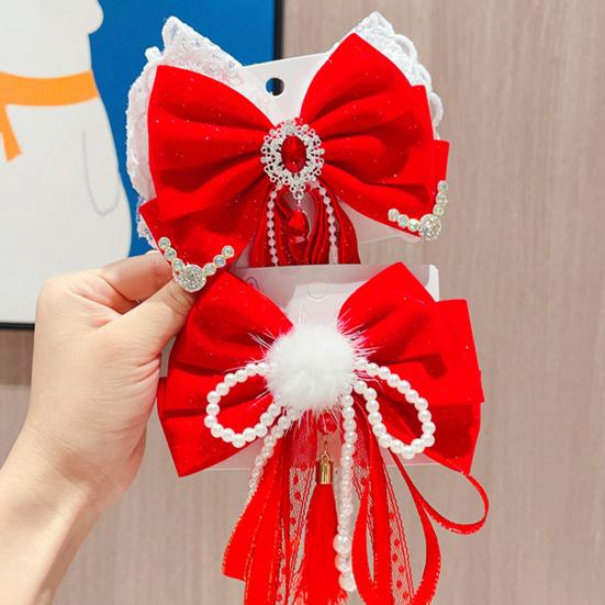 Китайская новогодняя заколка для волос с кружевными стразами, заколка для волос в стиле банта с кисточками, праздничный аксессуар для волос