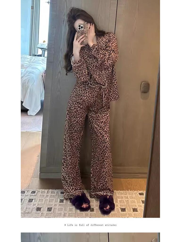 Весна/Лето Женский Пижамный Комплект С Леопардовым Принтом - Тонкий Кардиган и Сексуальный Домашний Наряд