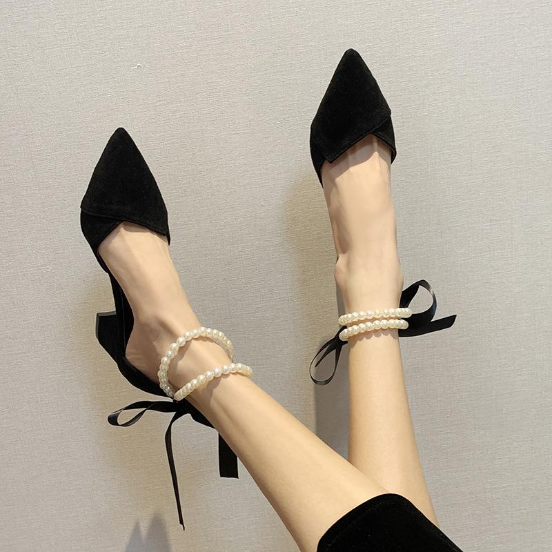 Fashion 2025 Summer New Women Hihg Heels Simple Low Heels Pointed Toe Shoes Women Fashion Footwear Ladies Fashionable Pearl Women Shoes