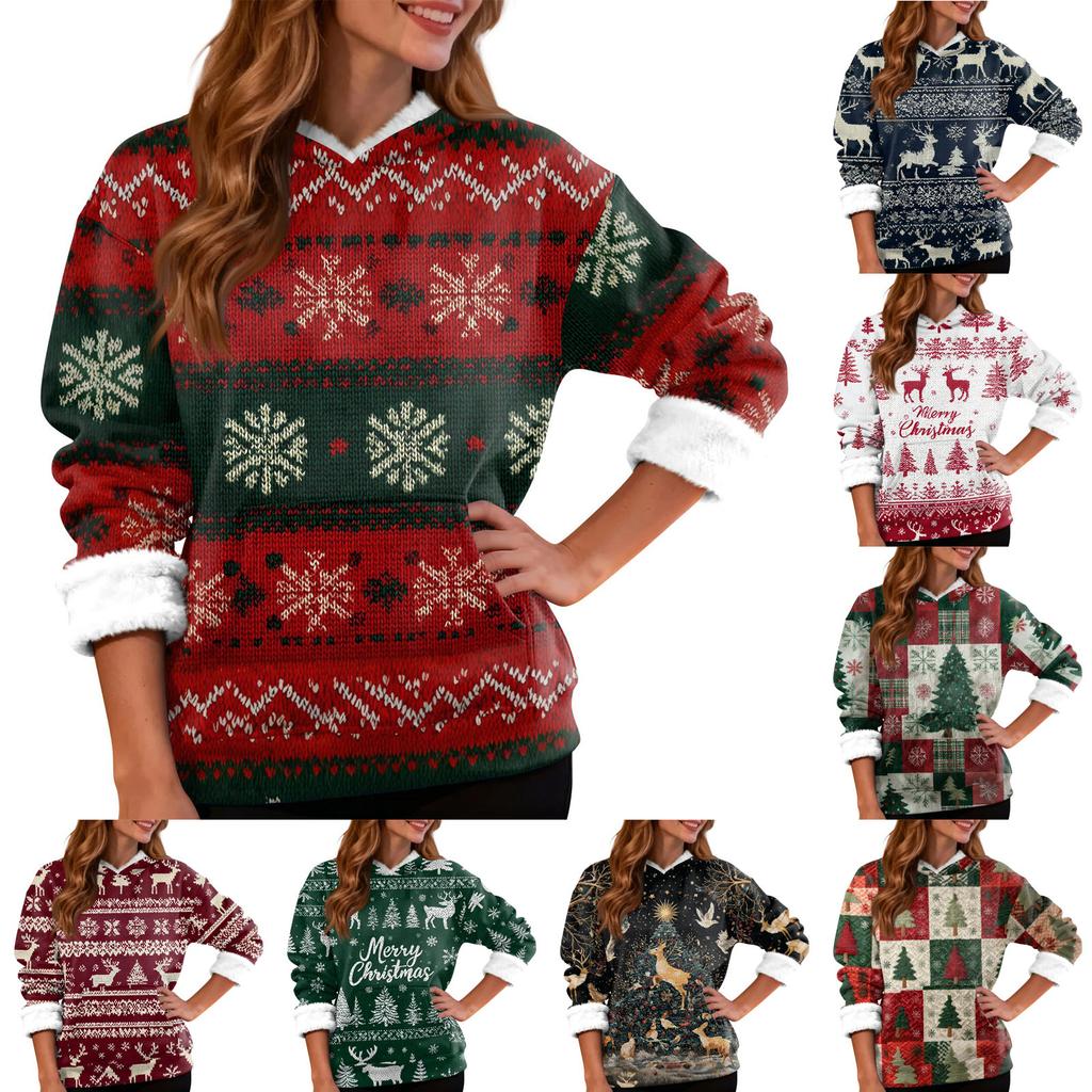 Женская модная повседневная толстовка с капюшоном и длинным рукавом с рождественским принтом