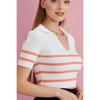 Polo Neck Striped Line Pattern Ecru Blouse