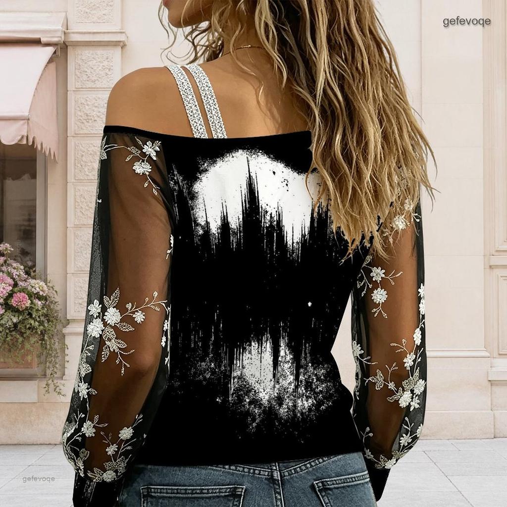 Women Plus Size Asymmetric Cold Shoulder Long Sleeve T Shirt Black White Geometric Printed Floral Embroidered Sheer Top