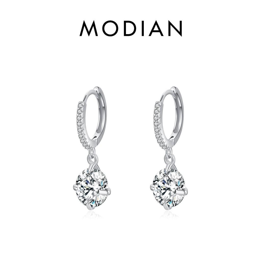 MODIAN Classic Shining Round 4ct Oor Gespen 925 Sterling Zilver Eenvoudige Swing Hoepel Oorbellen Voor Vrouwen Bruiloft Fijne Sieraden Cadeau