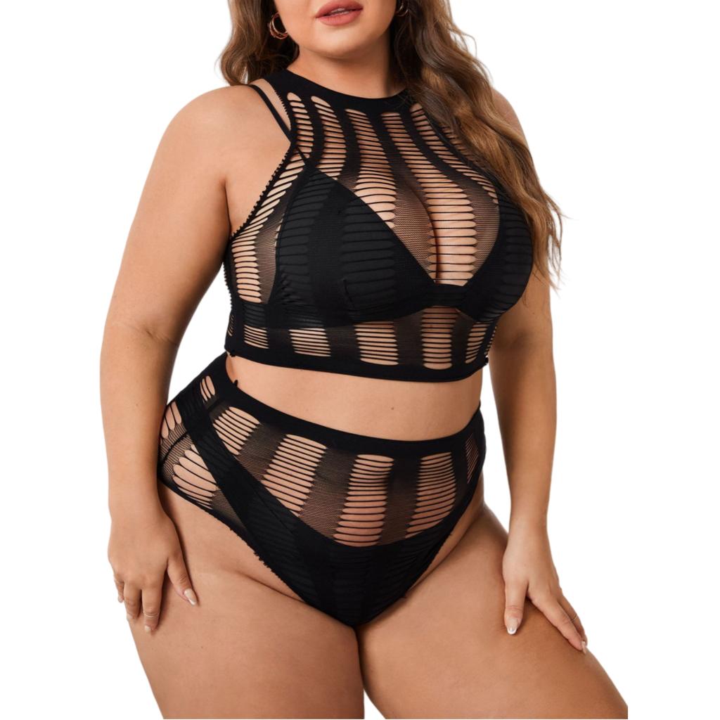 Oversize Women Mesh Hollow Sexy Bodystockings Large Plus Size See Through Erotic Open Crotchless Lingerie Bra Set XXXXL