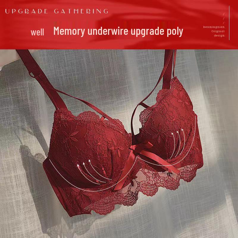 Женский красный кружевной бралетт - Французский стиль, собирающий дизайн, беспроводной, против провисания