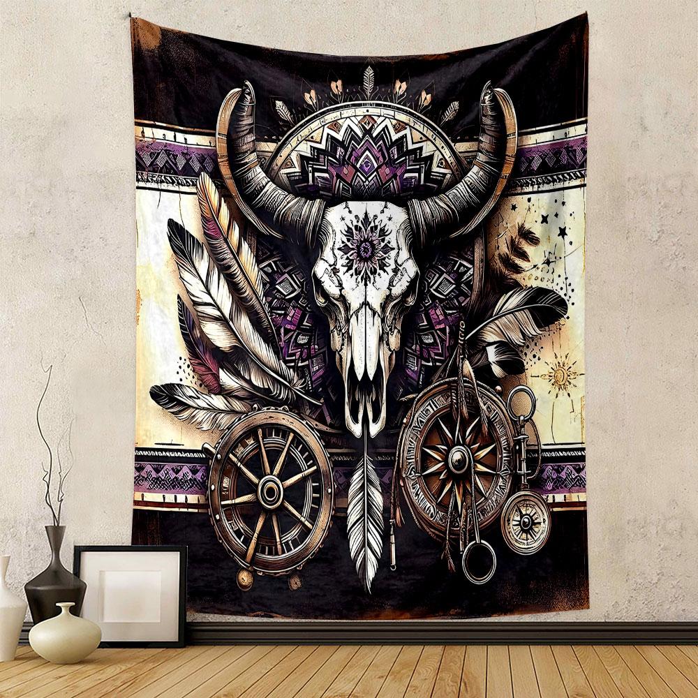 "Boho Skull with Feathers and Mandala" Patterned Tapestry Decorative Wall Hanging, Home Bedroom Living Room Decor