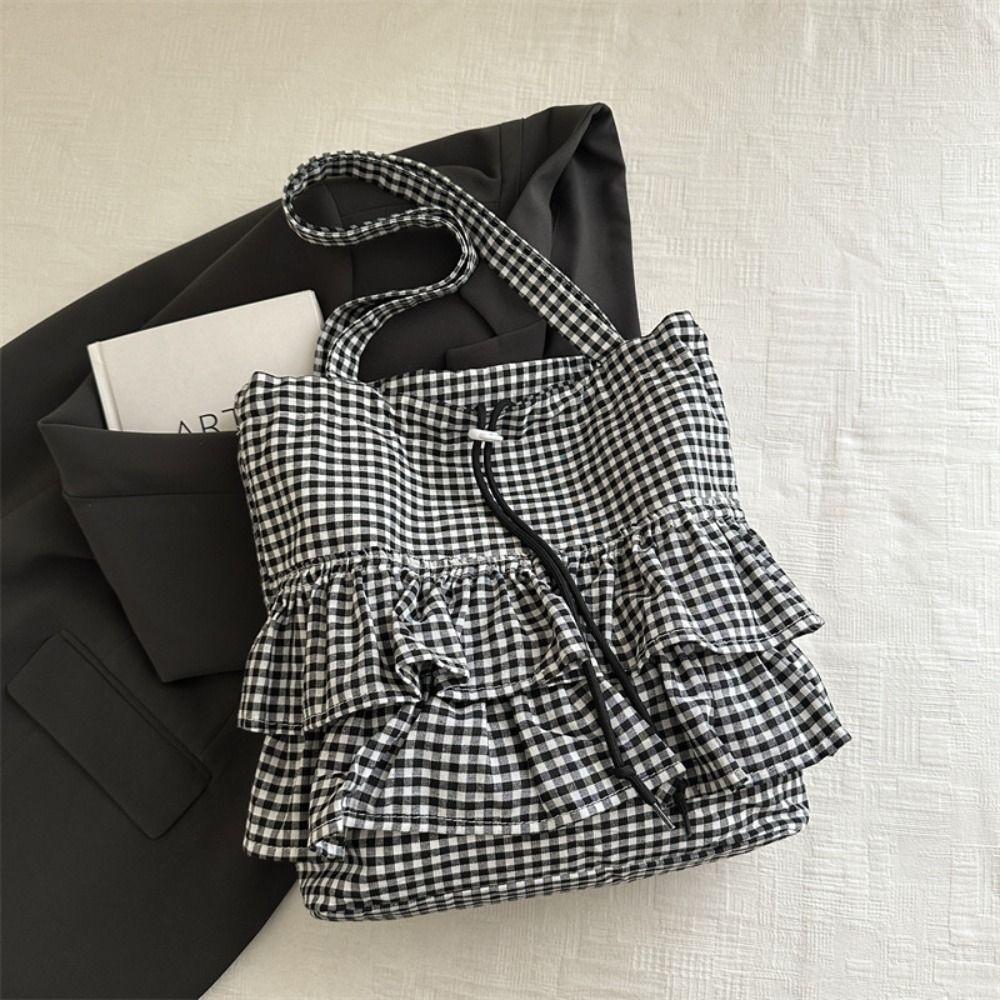 Сумка на кулиске в корейском стиле, модная клетчатая сумка-тоут, простая сумка через плечо в форме листа лотоса, сумка для хранения