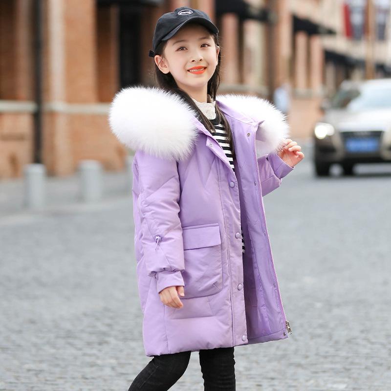 Новый пуховик для девочек, зимняя длинная корейская версия, толстый пуховик среднего размера для девочек, однотонный пуховик для девочек