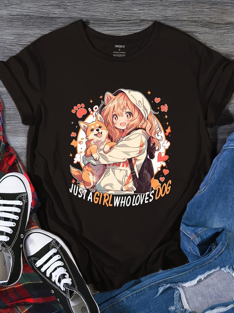 Аниме Принт Футболка Повседневная С коротким рукавом Круглый вырез Топ Для весны и лета Женская одежда