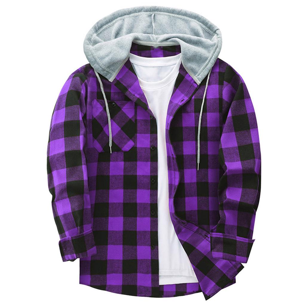  Plaid Pattern Men's Long Sleeve Hooded Shirt Jacket With Chest Pocket, Men's Casual Fall And Winter Coat