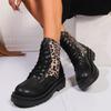 Fashion Winter Women's Boots Round Toe Mid-heeled Shoes Women's Lace-up Thick-soled Short Boots Outdoor Non-slip Leopard Print Shoes