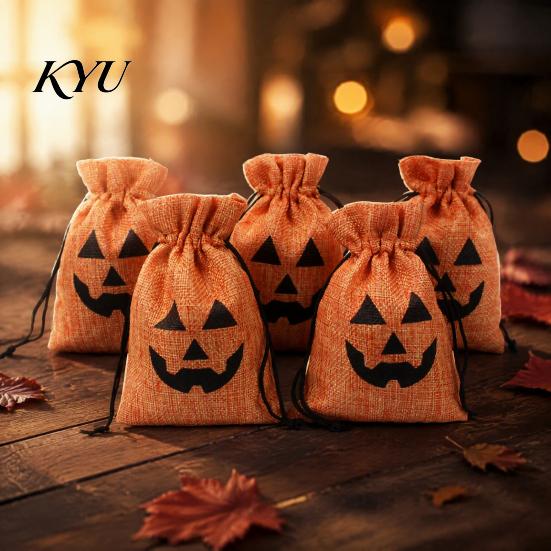School Party Supplies 5Pcs Halloween Burlap Drawstring Bags, Candy Treat Pouch for Favor, Rustic Favors Goodie Trick or Reusable Gift Packaging Fabric