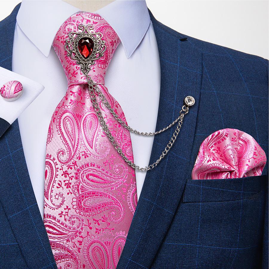 Paisley Tie for Men Necktie Silk Hanky Cufflink Set with Tie Ring Chain Brooch for Wedding Party