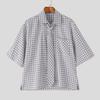 INCERUN Summer Oversized Men Tie Up Neck Half Sleeve Plaid Print Casual Loose Shirts