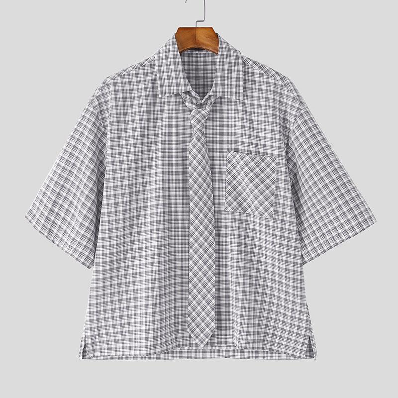 INCERUN Summer Oversized Men Tie Up Neck Half Sleeve Plaid Print Casual Loose Shirts