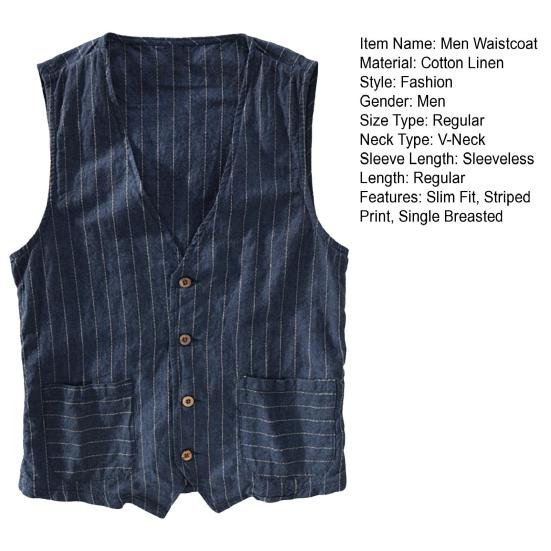 British Style Men Waistcoat V-neck Collarless Sleeveless Striped Print Vest Coat with Pockets Single Breasted Vest