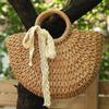 Women Cute Ribbon Straw Bags Summer Handmade Half Moon Beach Wild Totes Handbags