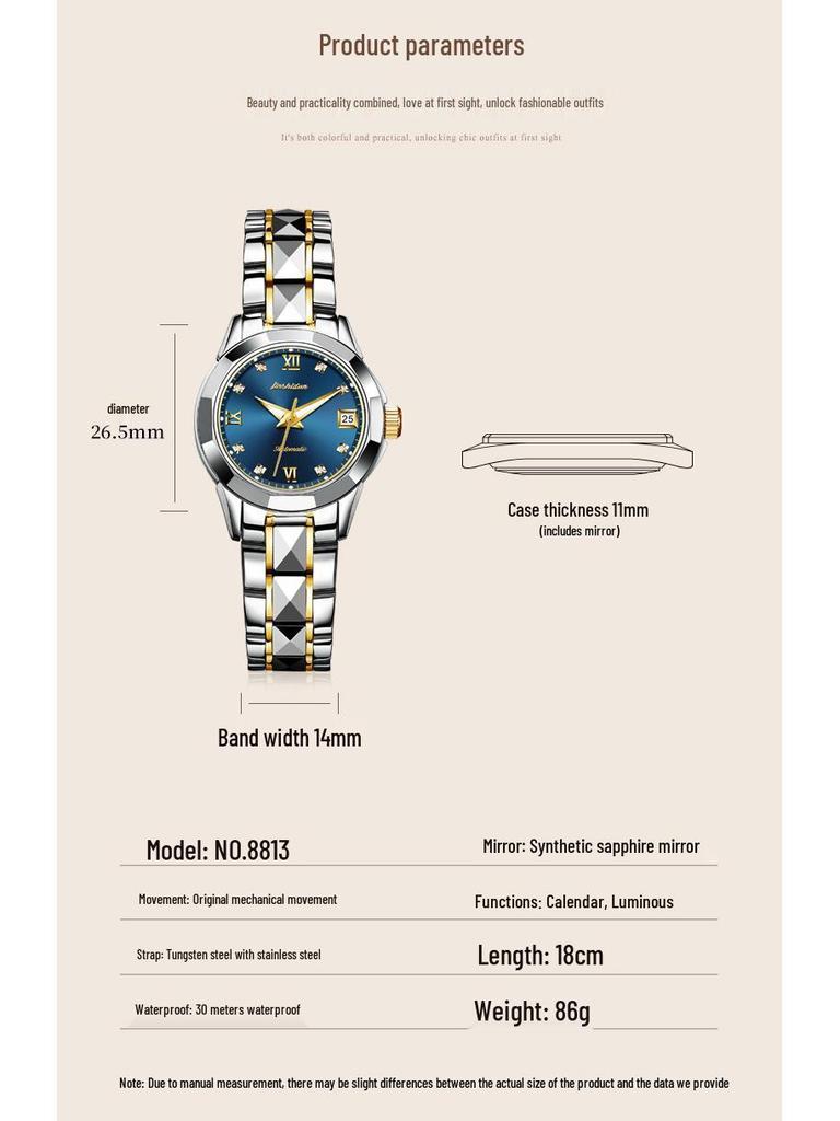 2025 Женские водонепроницаемые механические часы из вольфрамовой стали Jinshidun