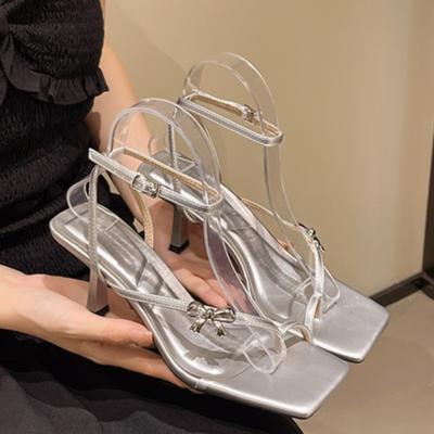 Модные босоножки-стилетто Летние Новые Квадратный носок Фиксация стопы Металлический узел-бабочка Тонкий ремешок Противоскользящие Износостойкие Высокие каблуки