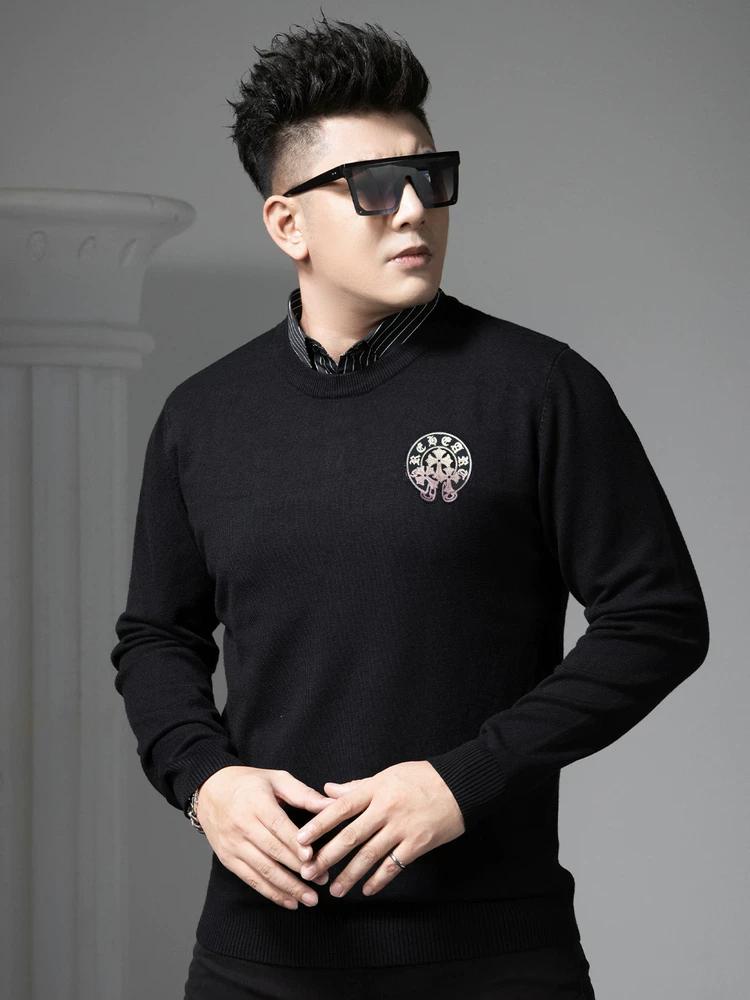 European-Style Round-Neck Sweater for Men, Faux Two-Piece, 2025 New Autumn and Winter Trendy Brand, Gold-Stamped, Warm Knit Base Shirt for Men