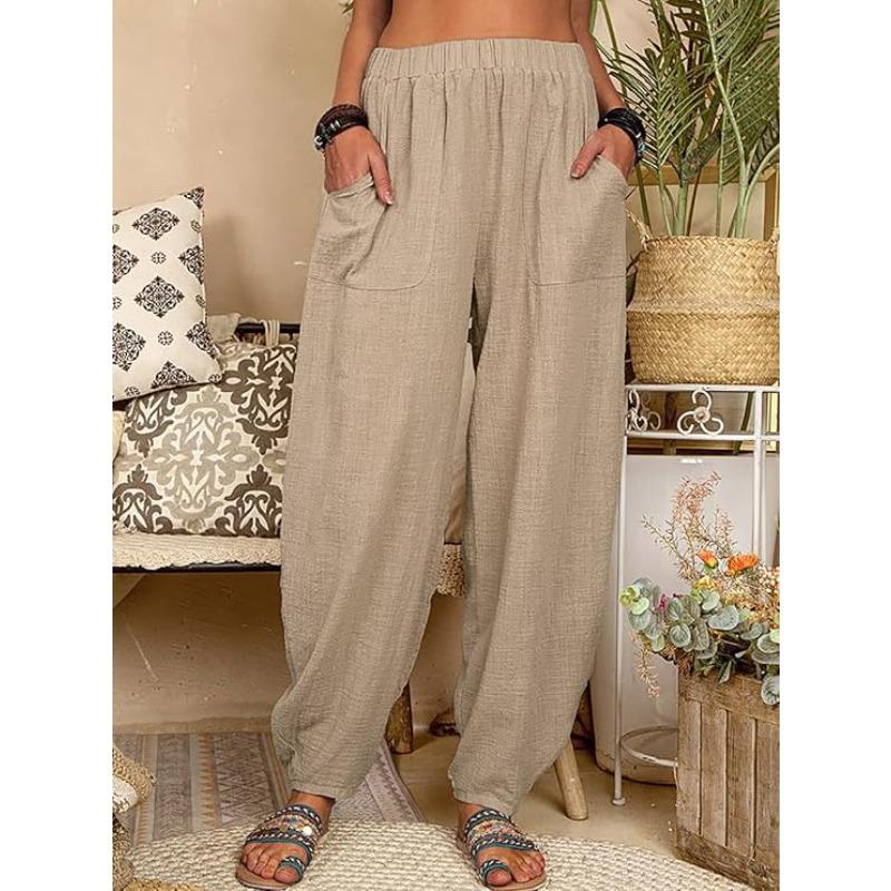 Women's Harem Pants Summer Casual Retro Large Size Cotton and Linen Pants Elastic Waist Wide Leg Pants Home Pants