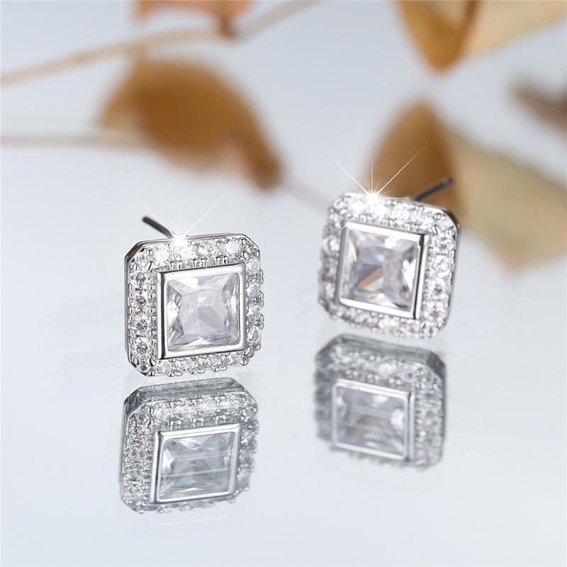 Brilliant Princess Cut White Zircon Stud Earrings for Women Silver Color Wedding Fine Jewelry Gifts