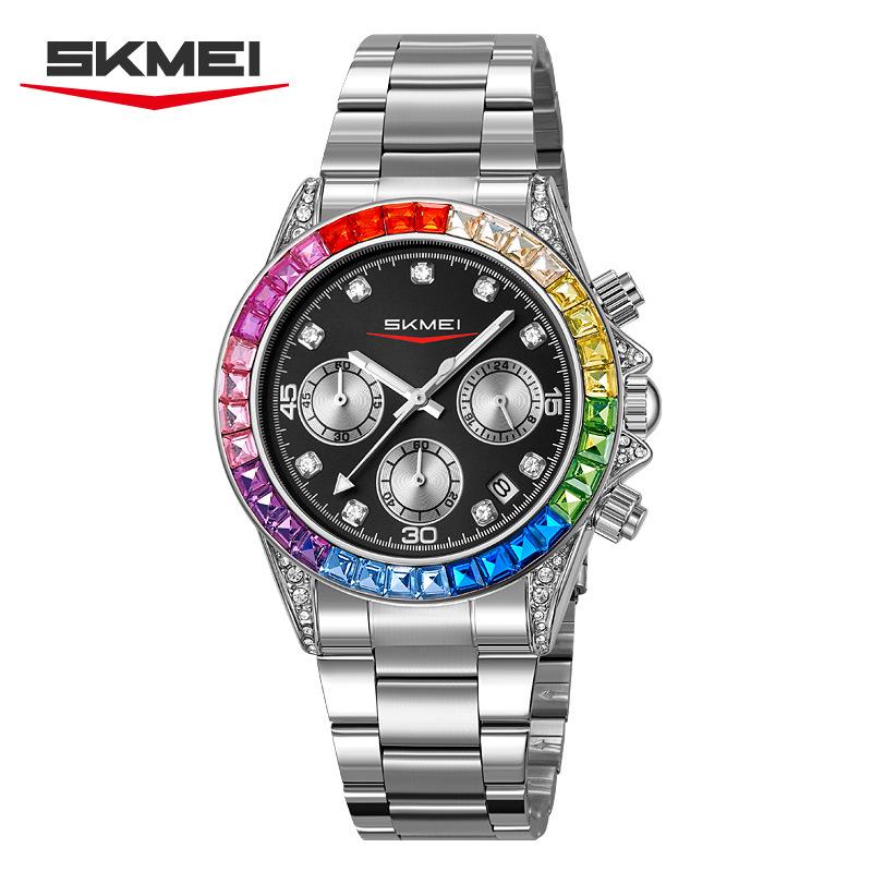 Часы Skmei многофункциональные шестистрелочные кварцевые часы разноцветные бриллианты модные ветровые женские часы стальной ремешок