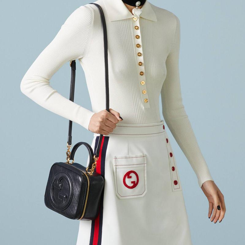 Gucci Blondie Круглая Сумка-кроссбоди на плечо из кожи с двойной молнией G и взаимосвязанным дизайном Женские сумки Черная 744434-1IV0G-1000