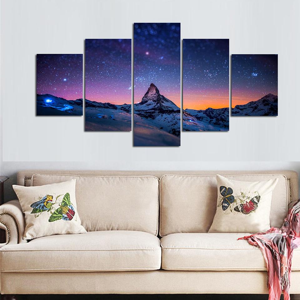Холст HD принты плакат домашний декор 5 панелей звездное ночное небо над горами картина модульная гостиная настенная художественная рамка для фотографий без рамки