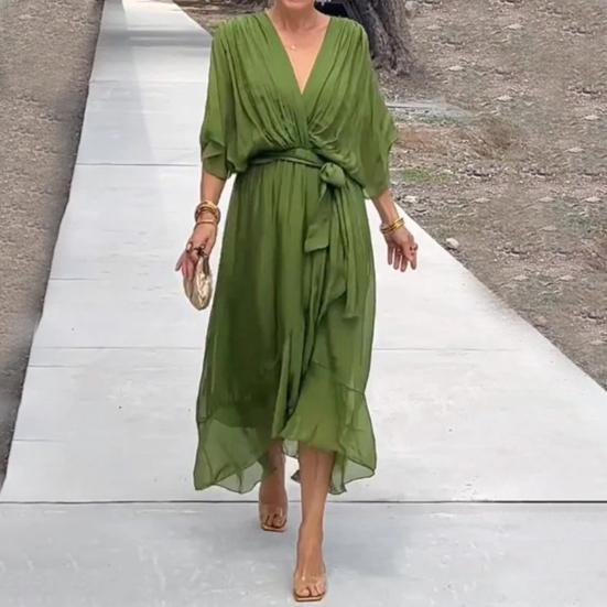 Вечернее платье Рукава «летучая мышь» Неровный оборчатый подол V-образный вырез Шнуровка Талия Плиссировка