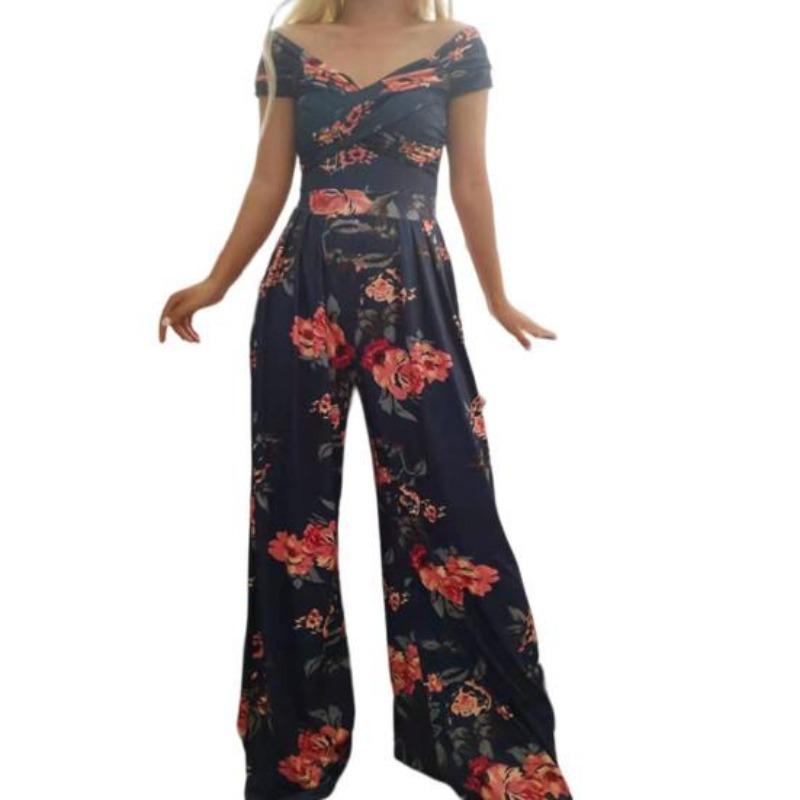 Summer Fashion Printed Wide Leg Jumpsuit Women Sexy Slash Neck Off-shoulder High Waist Jumpsuit Womem Csaual Suit