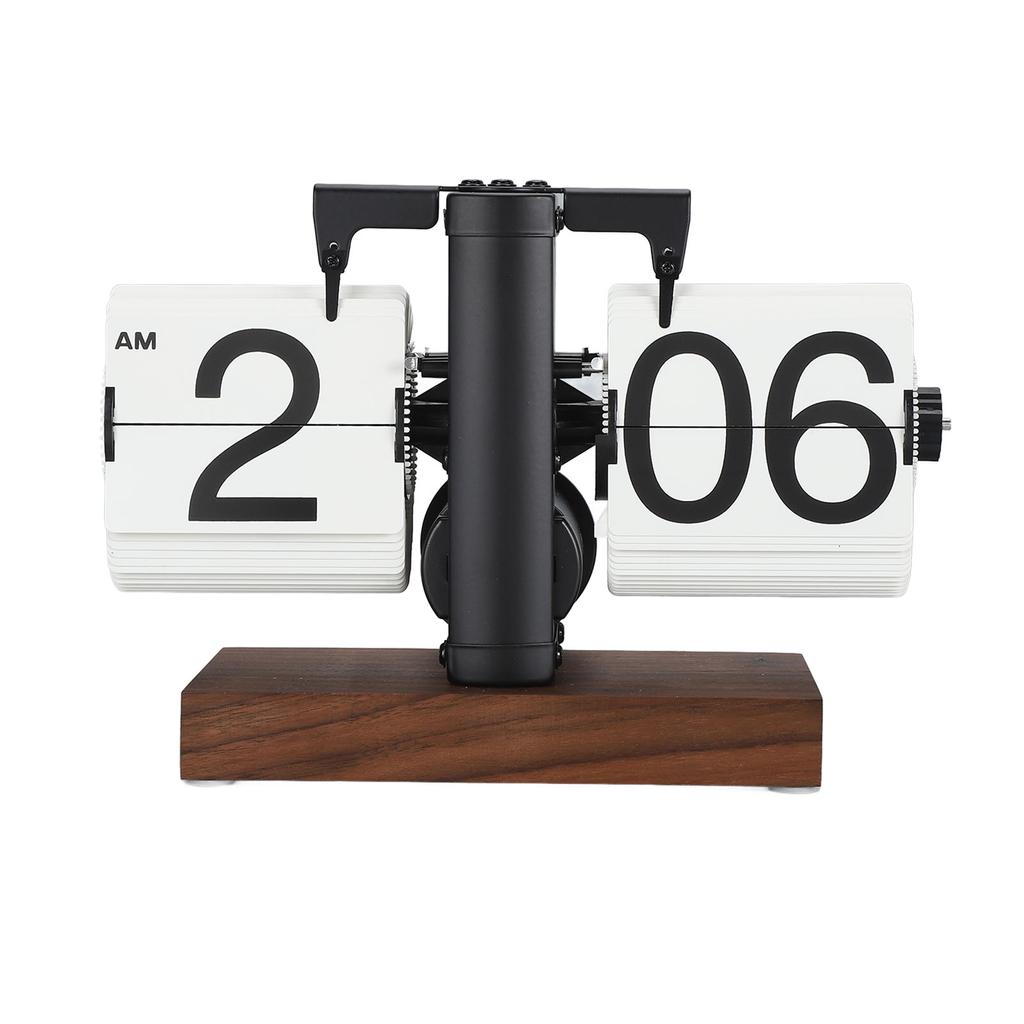 Digital Flip Clock 12h Single Sided Large Numbers Automatic Retro Mechanical Flip Clock Wood Base for Living Room