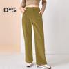 Women Corduroy Long Pants High Waist Button Zipper Fly Solid Color Straight Wide Leg Trousers with Pockets Daily Wear
