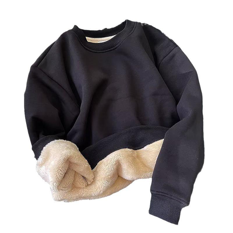 «Осень 2023 г., унисекс, плюс, бархатный свитер из овчины: Свободный крой, теплый, круглый вырез, капюшон.