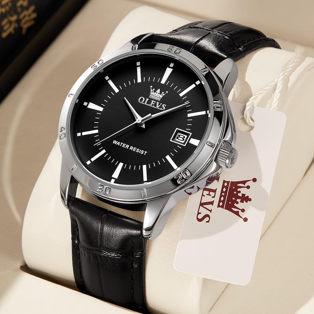 OLEVS Кварцевые популярные часы Простые стильные кожаные часы с водонепроницаемым календарем Роскошные классические часы с легким считыванием Модные студенческие часы для компании Черные мужские часы