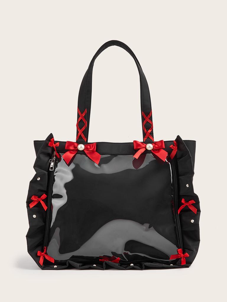 Japanese Ruffled Ribbon Bow Ita Bag Women Sweet Cute Multifunctional Clear Shoulder Purse Ladies Anime Badge Spacious Tote Bag