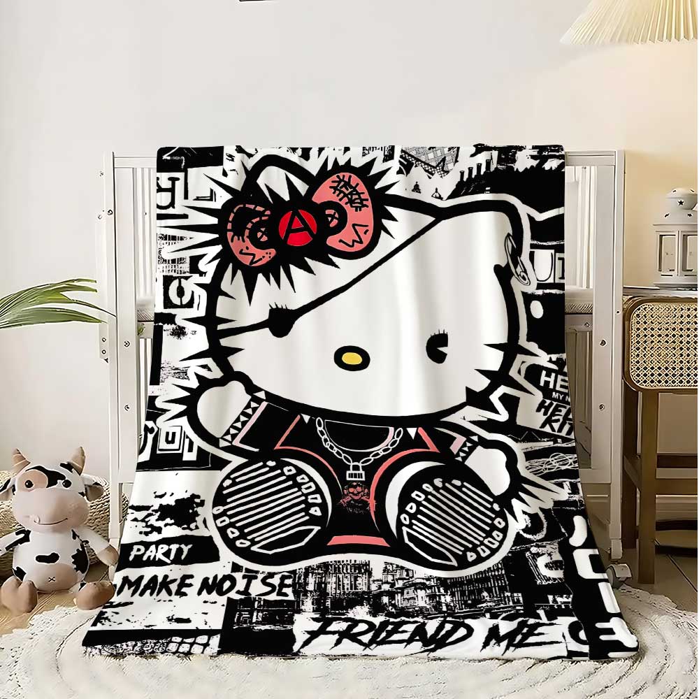 Kawaii Cat Hellos Warm Blanket Throw Furry Winter Blankets for Adults Microfiber Bedding Home Interior Fluffy Plaid Sofa Knee &