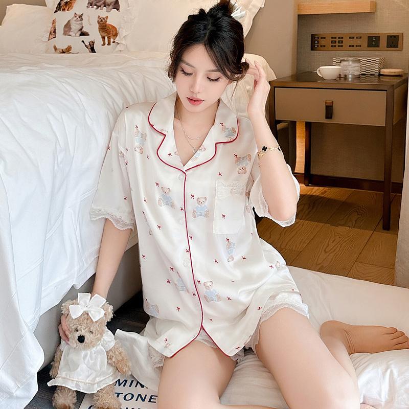 Summer Pink Women's Pajamas Set Luxury Satin Silk Pyjamas Short Sleeve Cute Cartoon Bear Print Sleepwear Casual Home Clothes Nightwear for Women