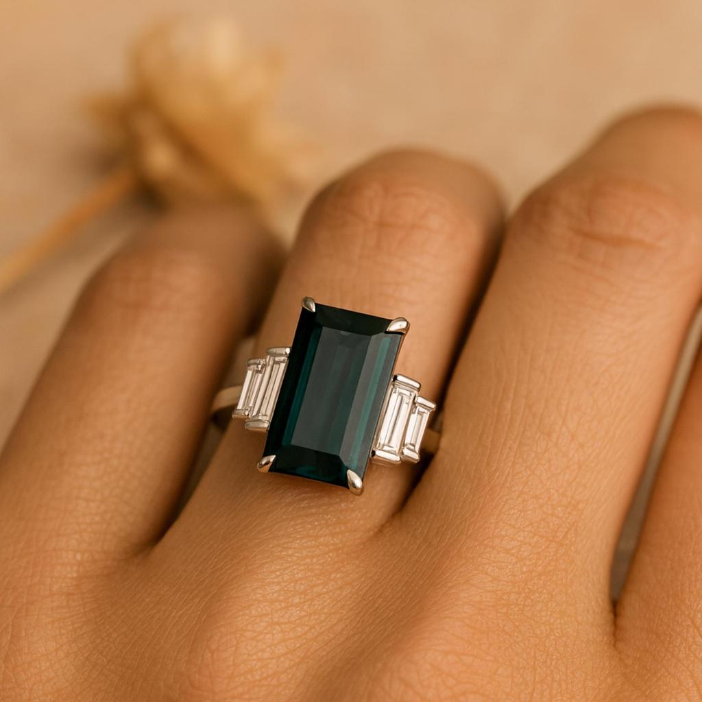 Emerald Cut Emerald Ring for Women | Baguette Cubic Zirconia Side Stones | 925 Sterling Silver Statement Ring | Wedding, Engagement, Anniversary Gift