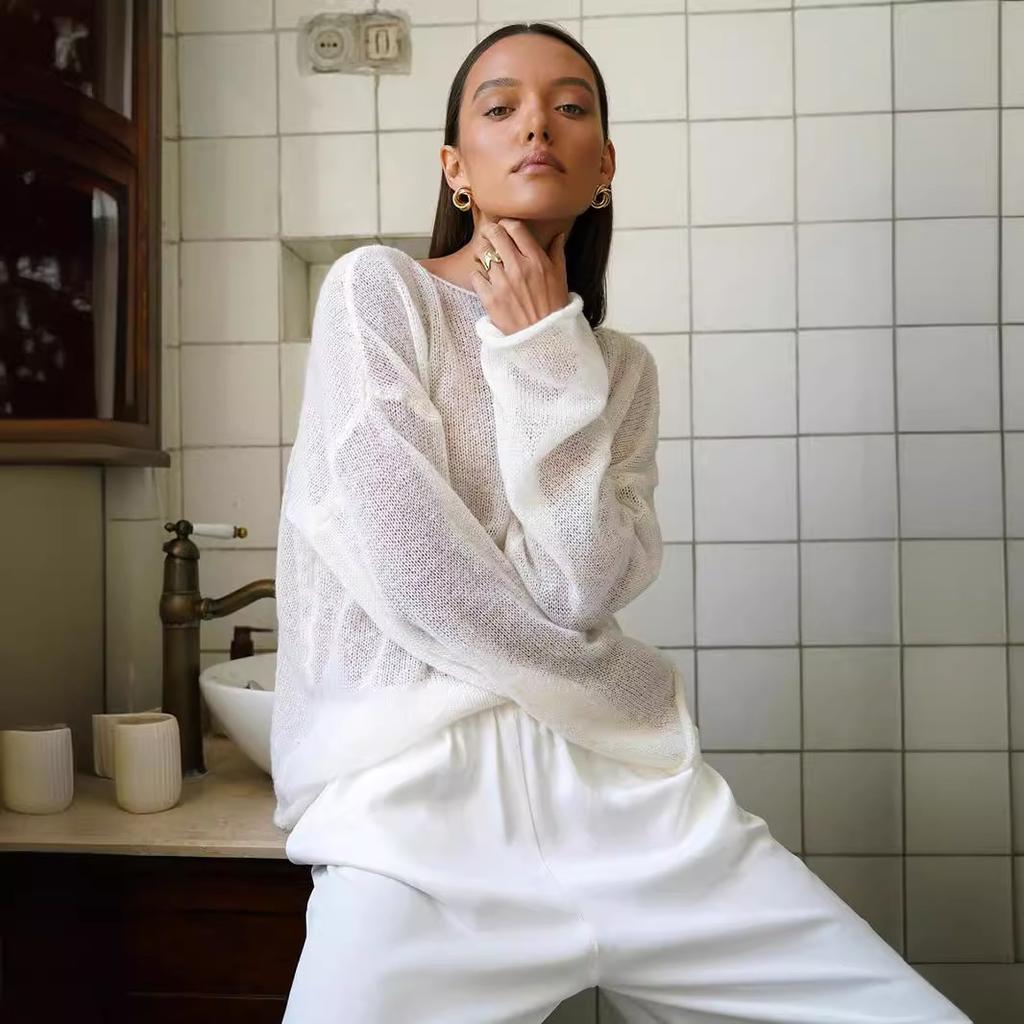 Летние женские вязаные свитера, женский сетчатый тонкий пуловер, прозрачные свободные топы с длинными рукавами, рубашка с солнцезащитным кремом