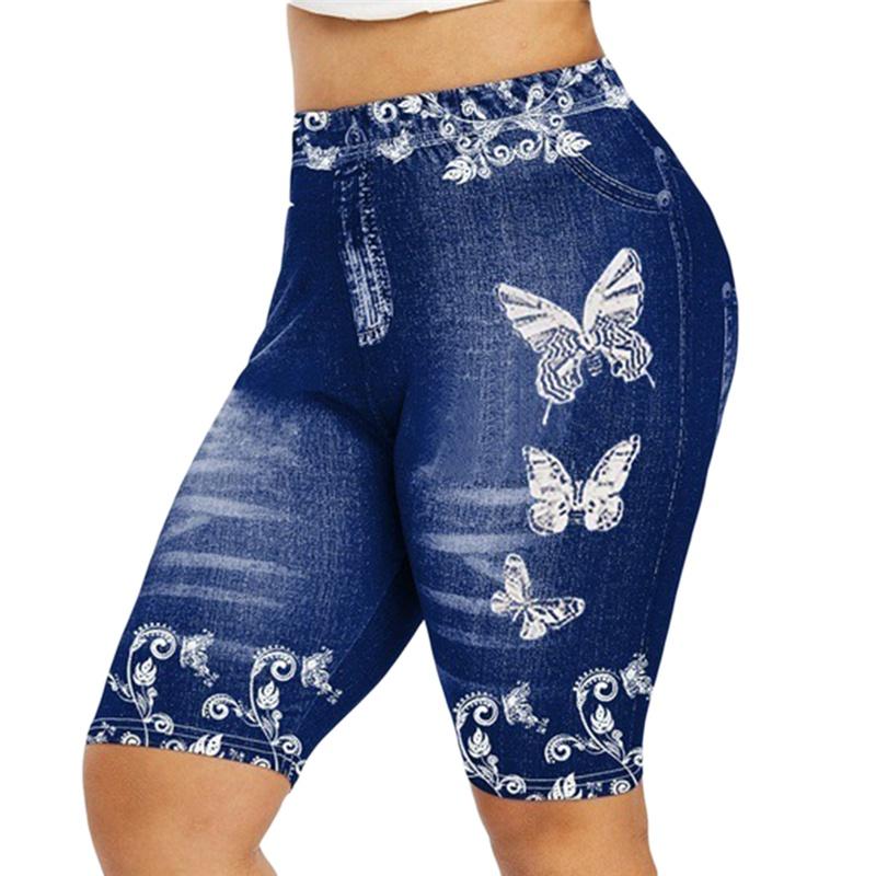 Plus Size 3D Print Capri Leggings For Women Faux Denim Women Fashion Jegging Shorts