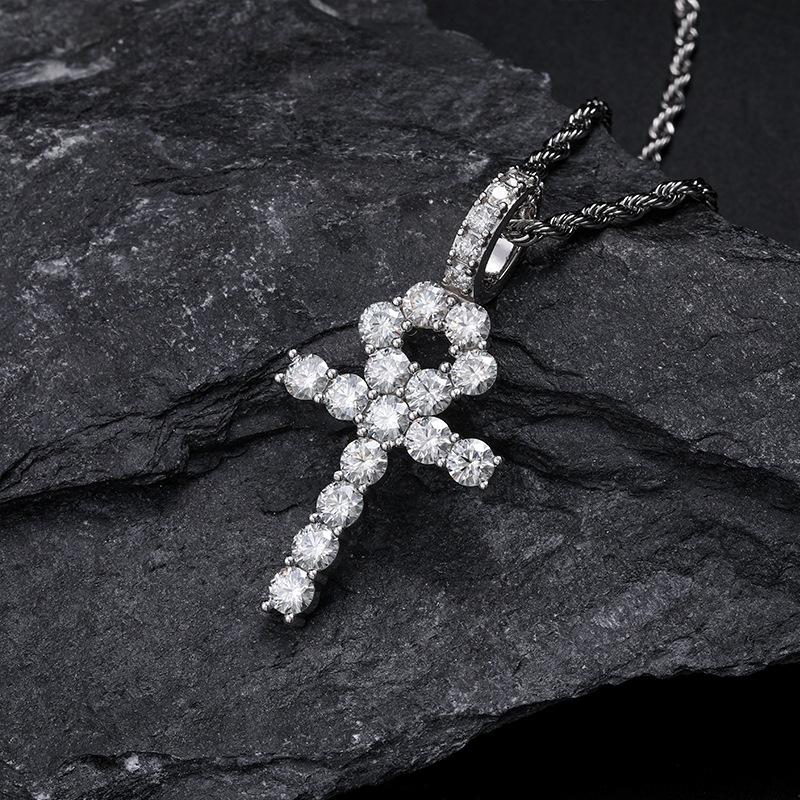 European American Trend S925 Sterling Silver 5mm Moissanite Cross Pendant Men's Gold Rhodium-Plated Christian Hip Necklace
