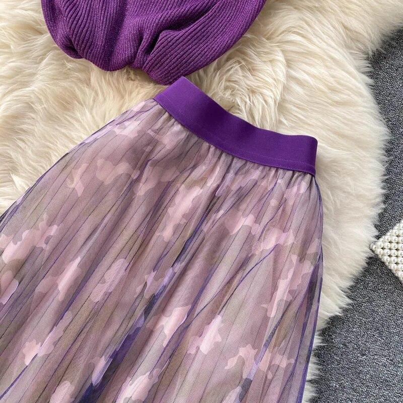 Новый летний повседневный комплект из двух предметов, женский вязаный свитер с рукавами-бабочками из люрекса, пуловер, длинная юбка-миди с принтом, костюм