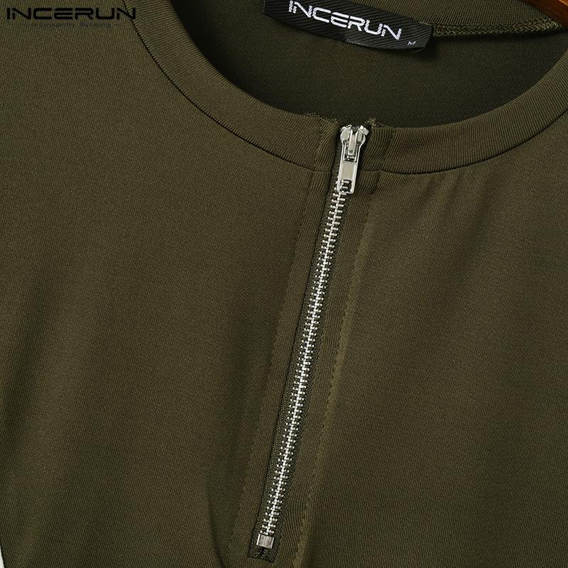 INCERUN Летние мужские спортивные футболки с коротким рукавом и застежкой-молнией и круглым вырезом, топы