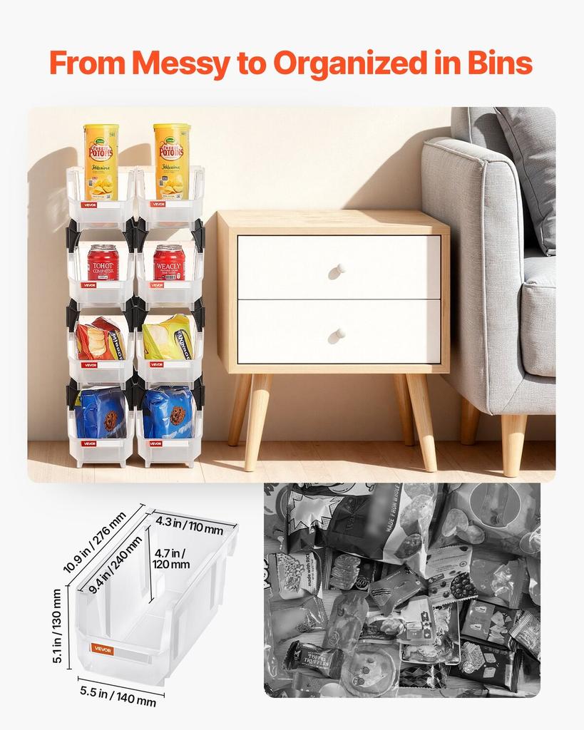 Plastic Stackable Storage Bins, 27.6 x 14 x 13 cm (8 Pack), Plastic Containers for Organizing & Storage Bins for Closet, Garage, Small Parts, Office